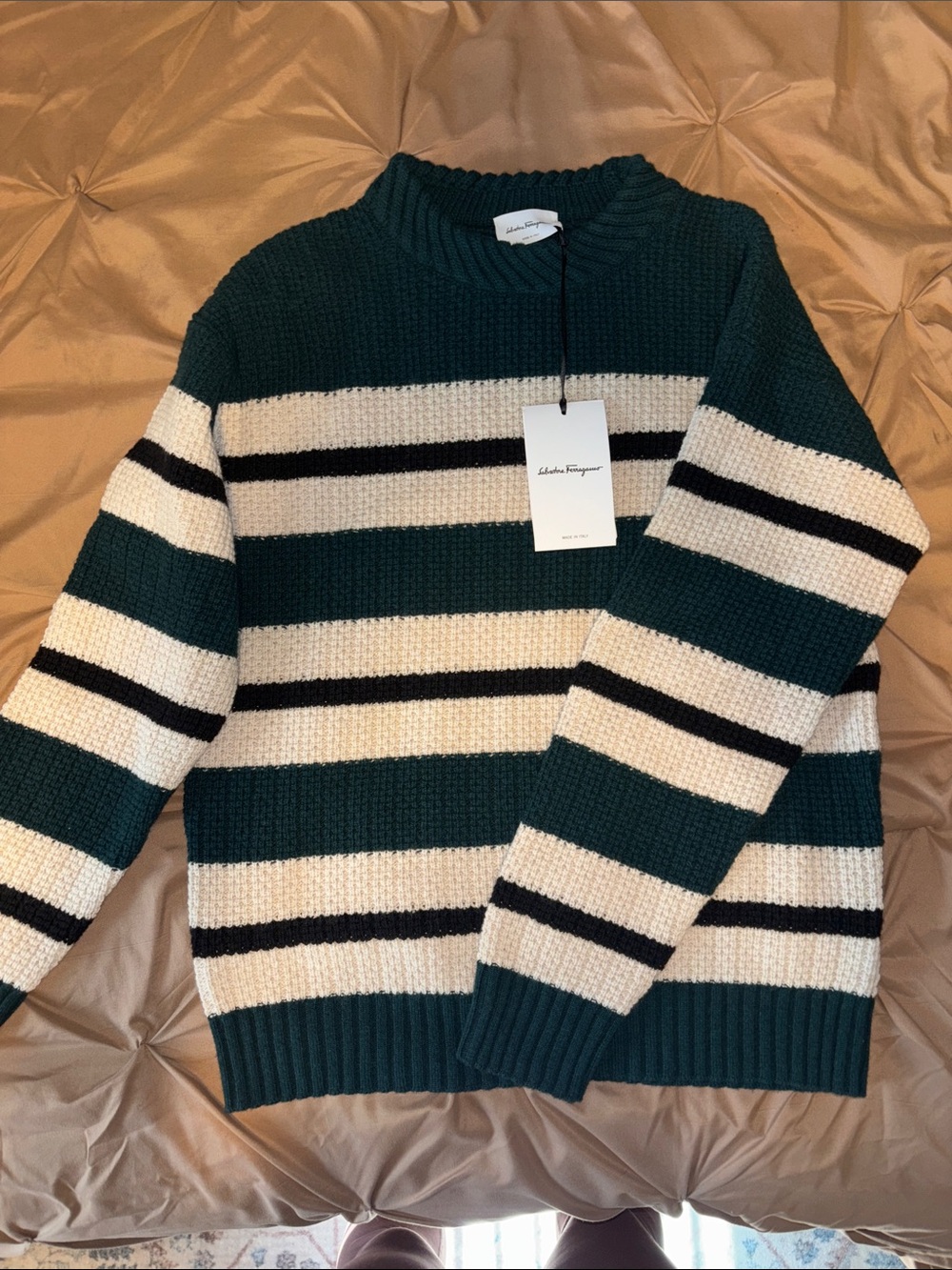 Salvatore Ferragamo Dark Green, Cream & Black Striped Crewneck Sweater